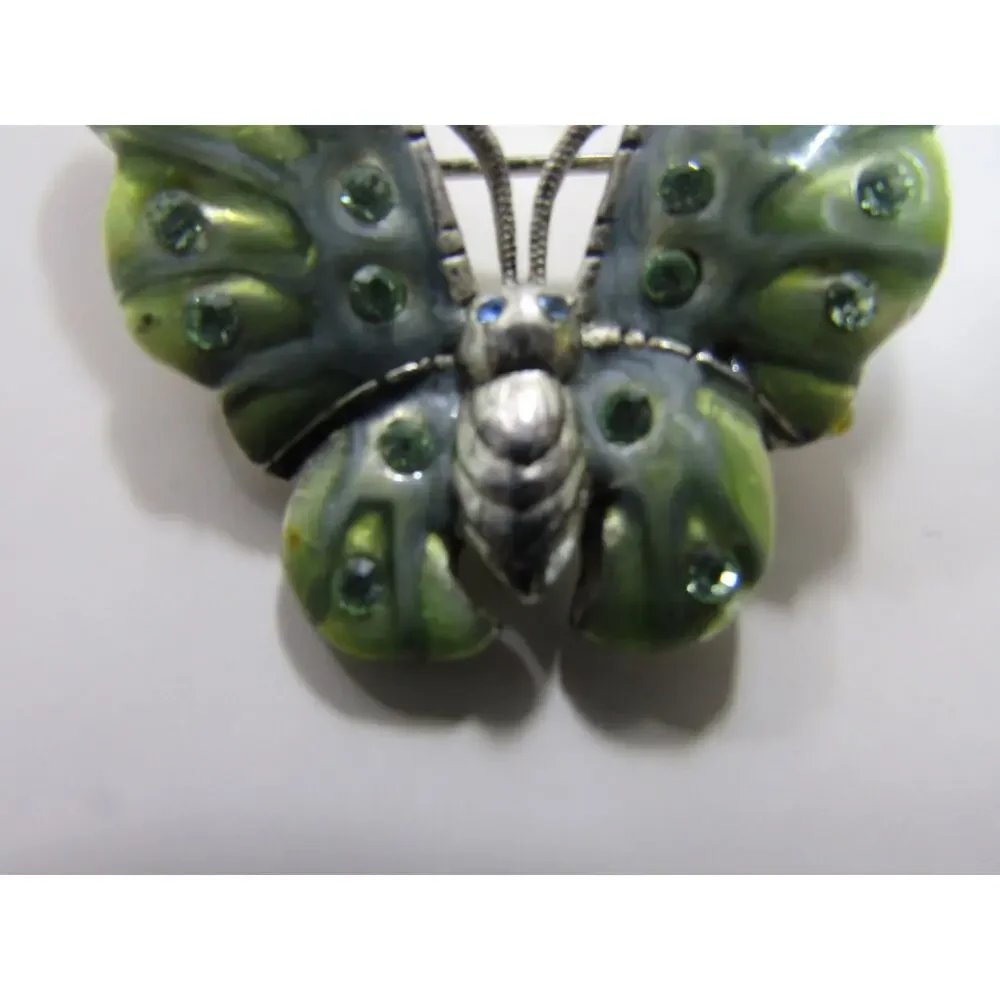 Sage Green Enamel Butterfly W/Rhinstones Brooch Boho Minimalist Art Deco Cottage